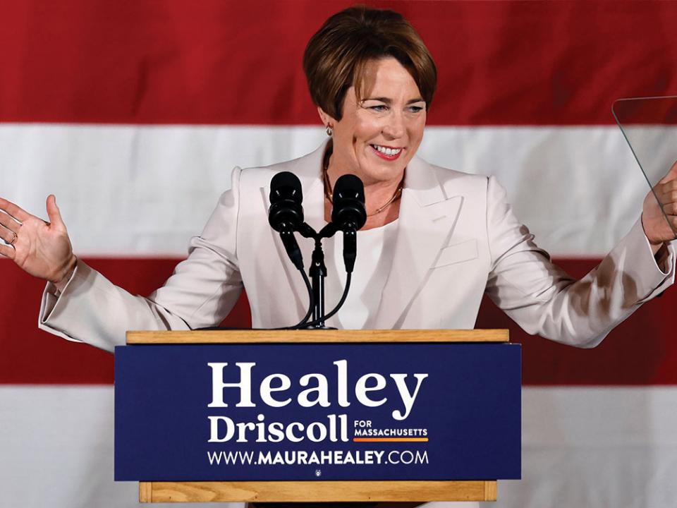 Massachusetts Gov.-elect Maura Healey speaks during a Democratic election night party Tuesday, Nov. 8, 2022, in Boston. (AP Photo/Michael Dwyer).