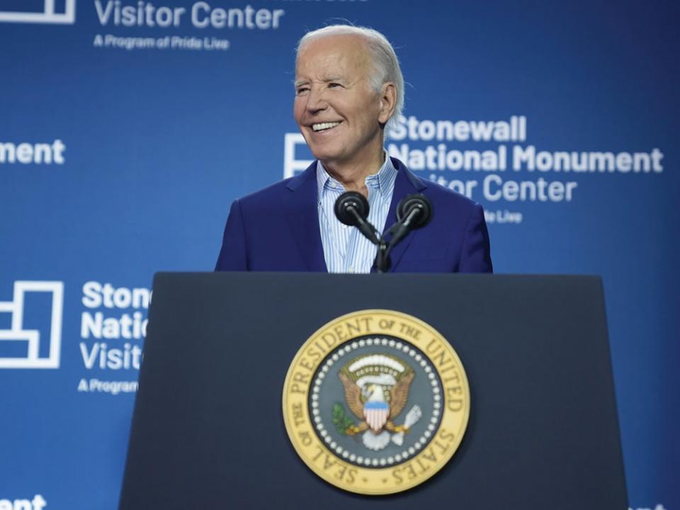 President Joe Biden speaks at the grand opening ceremony for the Stonewall National Monument Visitor Center, Friday, June 28, 2024, in New York. Photo by Evan Vucci, AP.