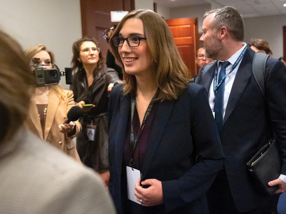 Rep.-elect Sarah McBride, D-Del., center, leaves a meeting of House Democrats on Capitol Hill, Tuesday, Nov. 19, 2024, in Washington. AP Photo by Mark Schiefelbein.