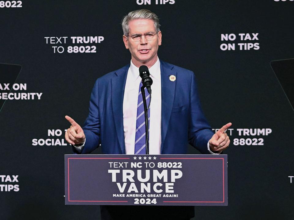 Investor Scott Bessent speaks on the economy in Asheville, N.C., Aug. 14, 2024. (AP Photo/Matt Kelley, File)