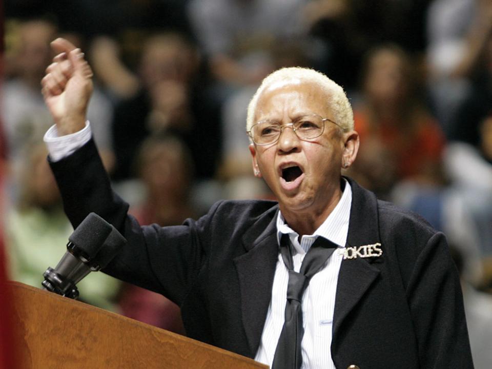 Virginia Tech English Professor, Nikki Giovanni speaks closing remarks at a convocation to honor the victims of a shooting rampage at Virginia Tech in Blacksburg, Va., on April 17, 2007. AP Photo by Steve Helber.