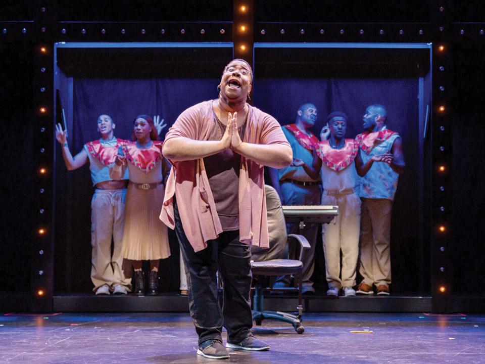 Kai Clifton (center) as Usher and the company of "A Strange Loop" at Calderwood Pavilion. Photo courtesy of Maggie Hall Photography.